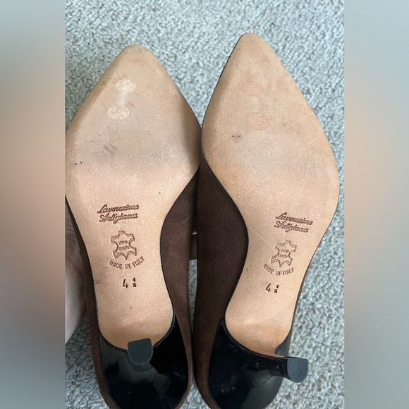 Butter Suede Pointed Toe Colorblock Pump Black Brown Size 4 1/2 Italy - Picture 6 of 7
